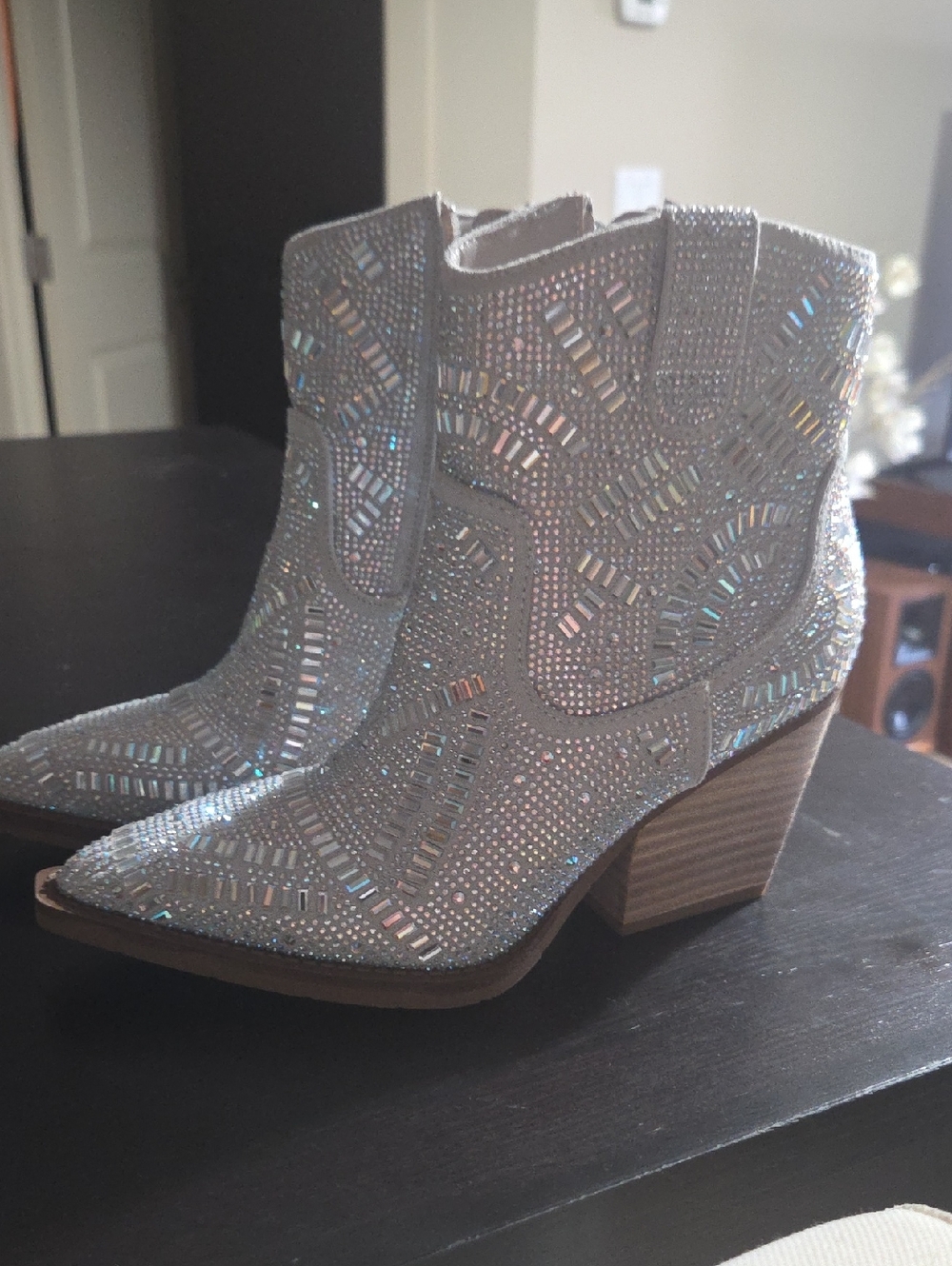 Embellished Silver Western Ankle Boots - Women's Sparkle Heels